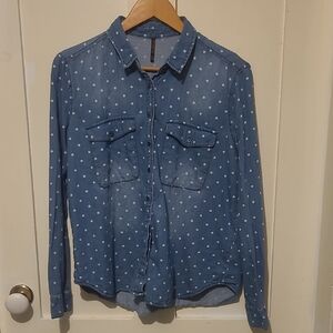 Blue Polka Dot Button-Up Shirt Denim Style